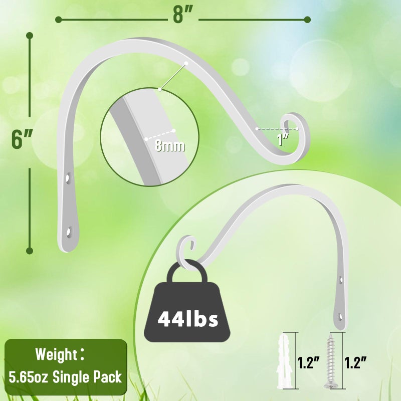 FEED GARDEN خطافات حائط حديدية مزخرفة من فيد جاردن، خطافات تعليق نباتات معدنية منحنية، للاستخدام الداخلي/الخارجي لتعليق مغذيات الطيور، أجراس الرياح، سلال الزهور، حصيرة اليوغا، (بيضاء، 8 بوصة 2 عبوة) - Image 2